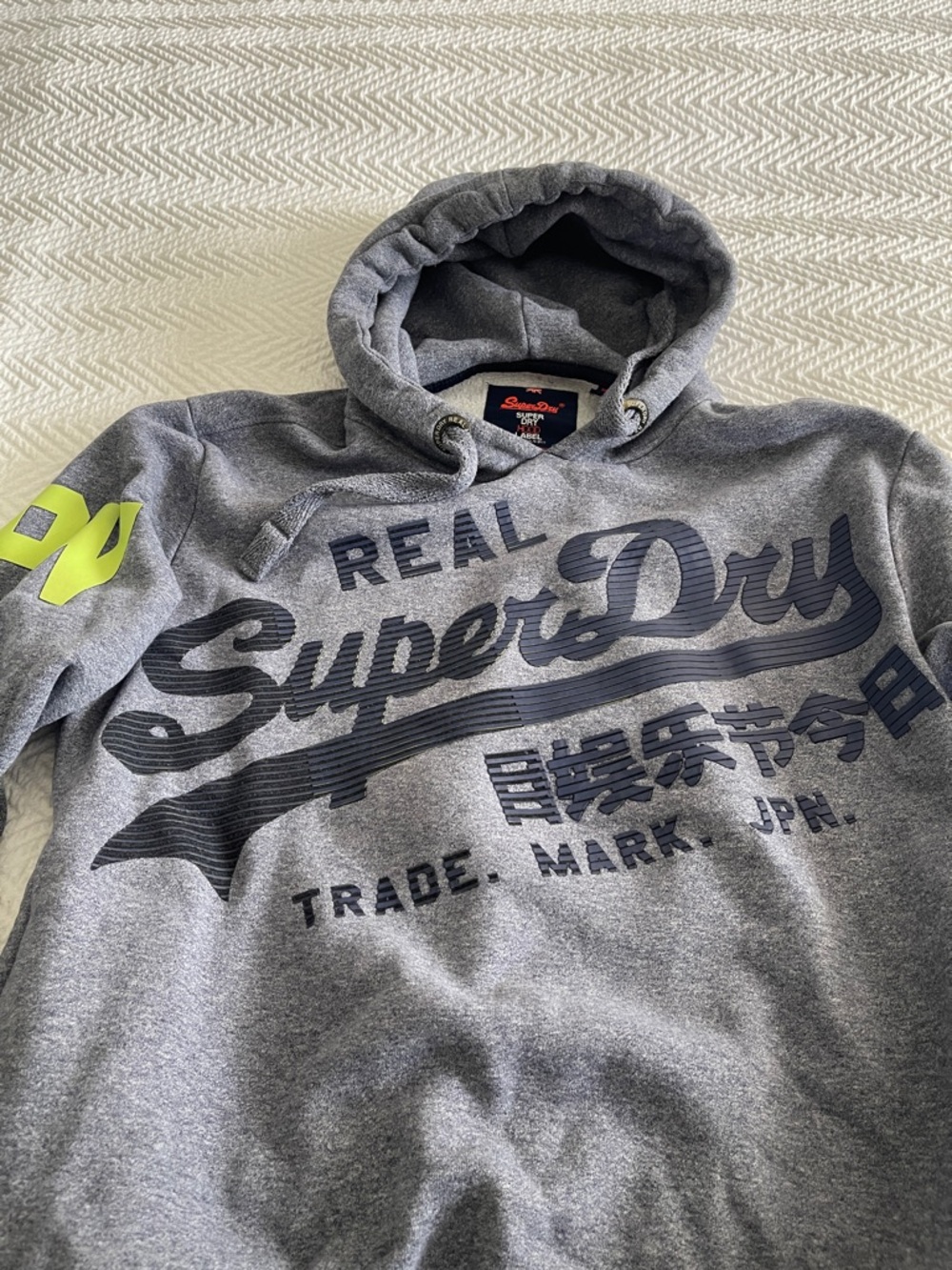 Superdry Men's Bluish/Gray Pullover Hoodie with Navy Logo and Neon Accent